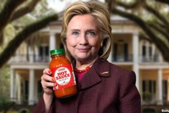 Hillary Clinton holding a jar of hot sauce for Juneteenth holiday.