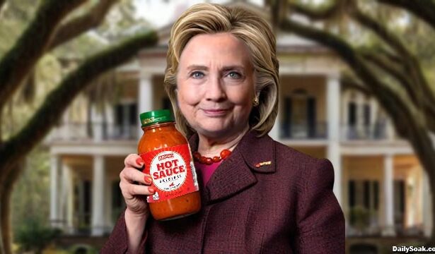 Hillary Clinton holding a jar of hot sauce for Juneteenth holiday.