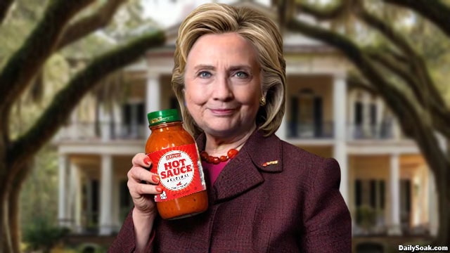 Hillary Clinton holding a jar of hot sauce for Juneteenth holiday.