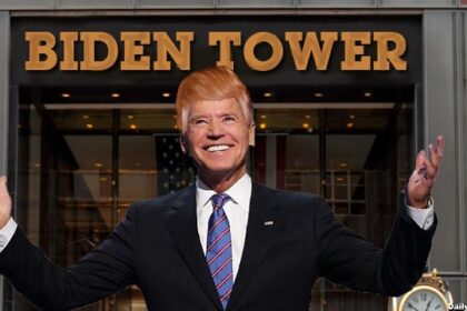 Joe Biden wearing a Donald Trump wig standing in front of Trump Tower bragging about capping insulin prices.