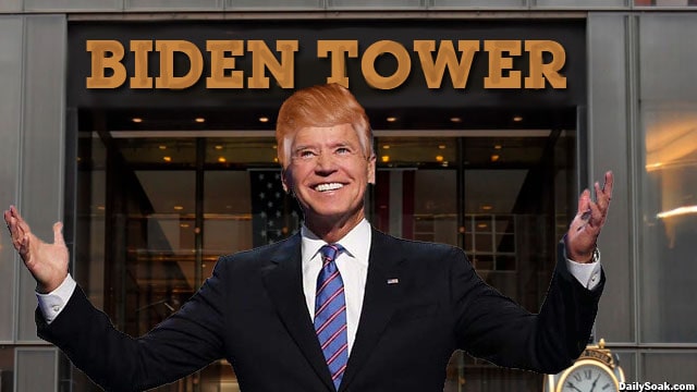 Joe Biden wearing a Donald Trump wig standing in front of Trump Tower bragging about capping insulin prices.