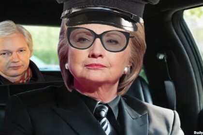 Hillary Clinton driving Julian Assange in a limousine.