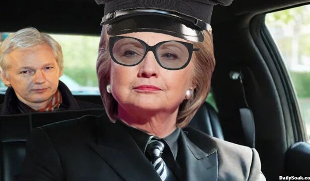 Hillary Clinton driving Julian Assange in a limousine.