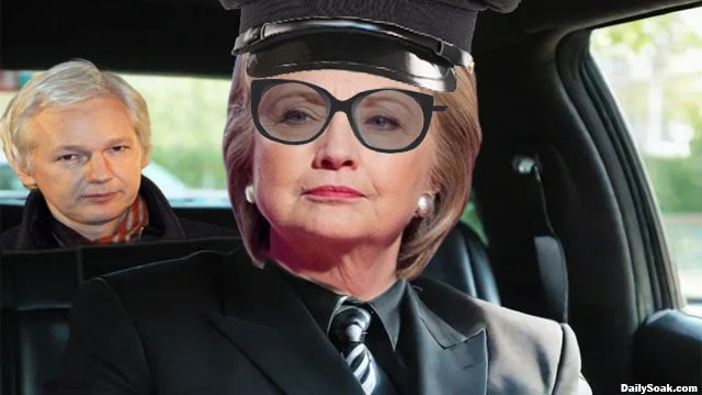 Hillary Clinton driving Julian Assange in a limousine.