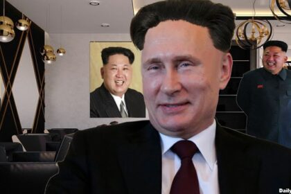 Vladimir Putin and Kim Jong Un inside hair salon in North Korea.