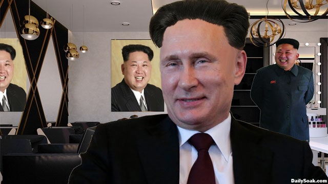 Vladimir Putin and Kim Jong Un inside hair salon in North Korea.