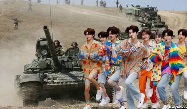 South Korean K-Pop boy band dancing in colorful outfits in front of Russian soldiers in Ukraine.