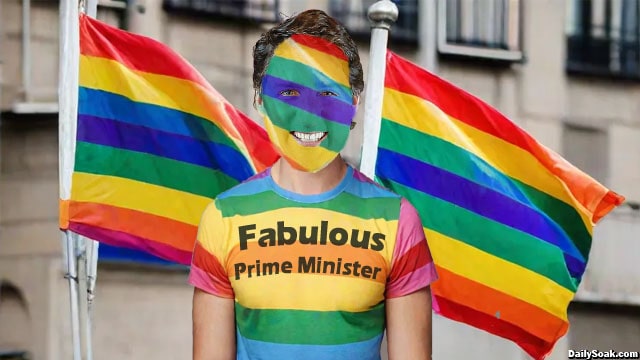 Canada Prime Minister Justin Trudeau near rainbow flags celebrating Gay Pride Month.