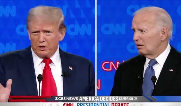Donald Trump and Joe Biden debating in 2024 Presidential Debate on CNN.