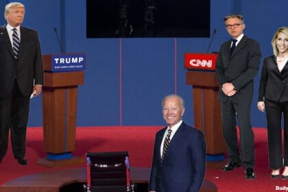 Donald Trump, Joe Biden, and CNN hosts Jake Tapper and Dana Bash during 2024 presidential debate.