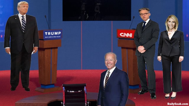 Donald Trump, Joe Biden, and CNN hosts Jake Tapper and Dana Bash during 2024 presidential debate.