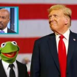 Donald Trump and Kermit the Frog on stage at a rally.