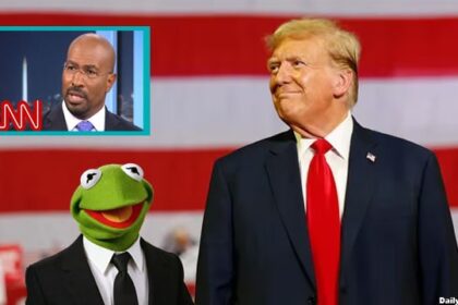 Donald Trump and Kermit the Frog on stage at a rally.