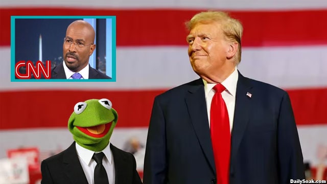 Donald Trump and Kermit the Frog on stage at a rally.