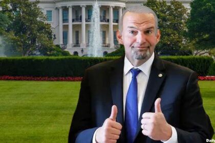 John Fetterman wearing a white wig posing as Joe Biden.