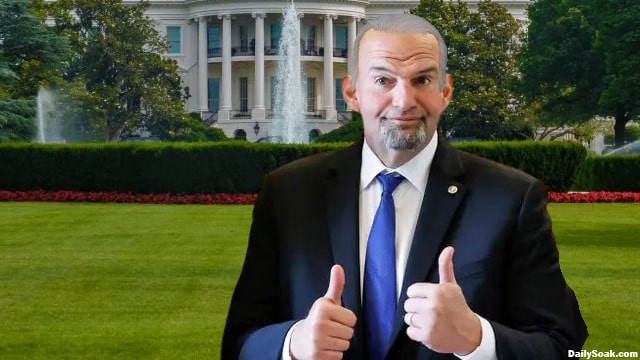 John Fetterman wearing a white wig posing as Joe Biden.