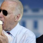 Barack Obama Laughing at Joe Biden eating an ice cream cone.