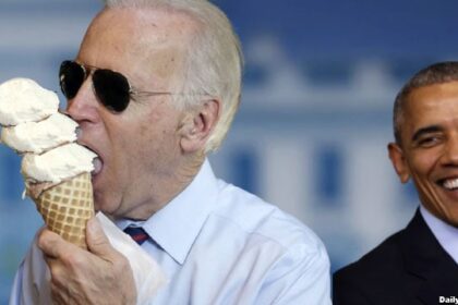 Barack Obama Laughing at Joe Biden eating an ice cream cone.