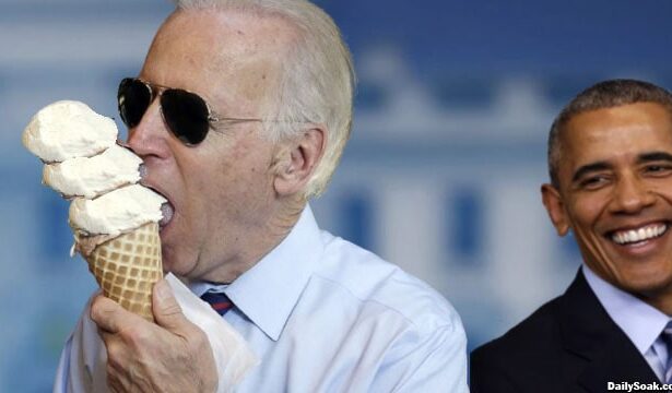 Barack Obama Laughing at Joe Biden eating an ice cream cone.