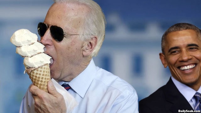 Barack Obama Laughing at Joe Biden eating an ice cream cone.