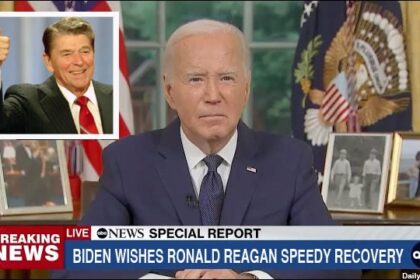 Joe Biden giving speech on Ronald Reagan from Oval Office.