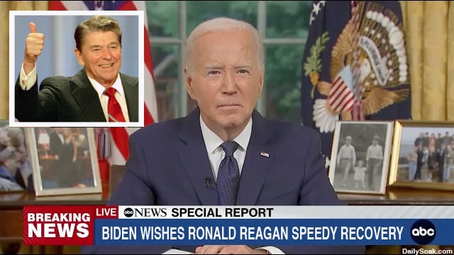 Joe Biden giving speech on Ronald Reagan from Oval Office.