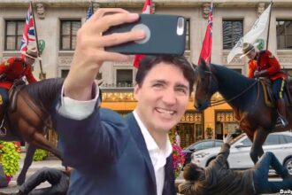 Justin Trudeau taking a selfie in front of horse trampling Canadian Mounties on Canada Day.