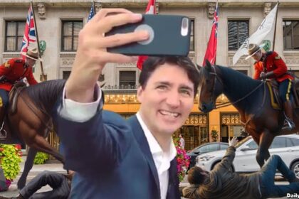 Justin Trudeau taking a selfie in front of horse trampling Canadian Mounties on Canada Day.