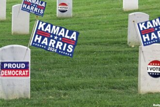 Tombstones of dead voters showing support for Kamala Harris.