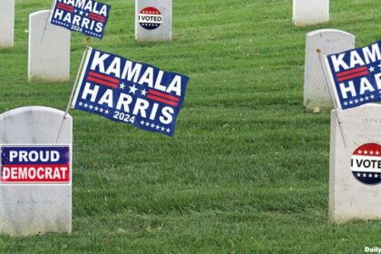 Tombstones of dead voters showing support for Kamala Harris.