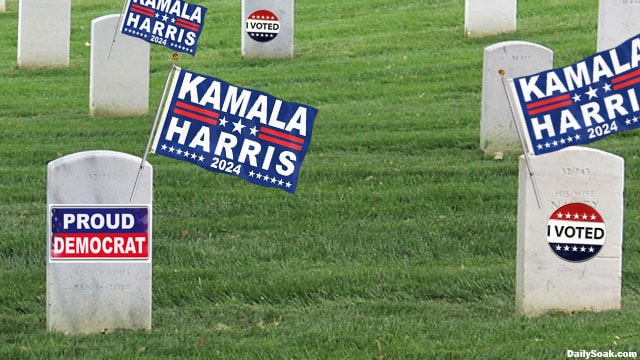 Tombstones of dead voters showing support for Kamala Harris.