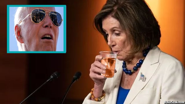 Nancy Pelosi drinking a glass of alcohol in front of Joe Biden.