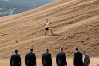 Secret Service agents watching man run up a sloped ground hill.