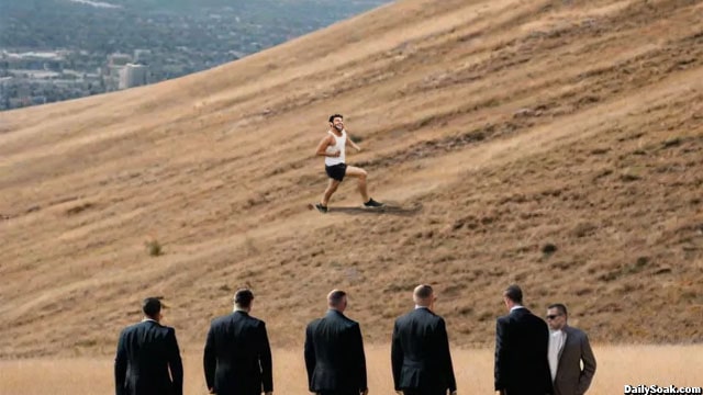 Secret Service agents watching man run up a sloped ground hill.