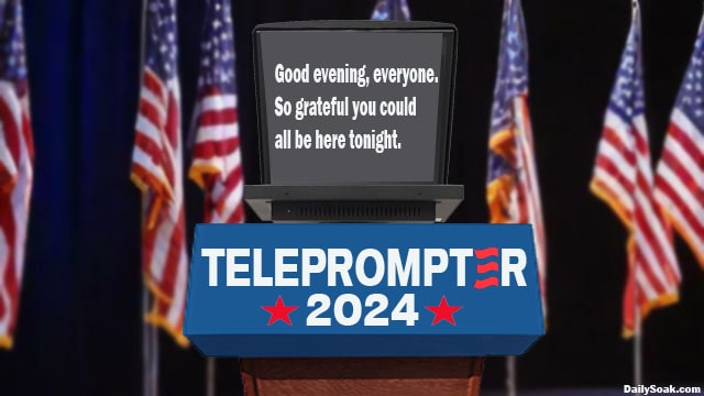 Joe Biden's teleprompter on stage behind a podium.