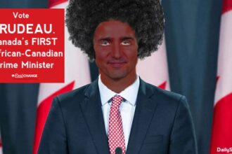 Justin Trudeau in blackface on stage.