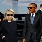 Donald Trump surrounded by Secret Service agents and Hillary Clinton and Barack Obama wearing black suits.