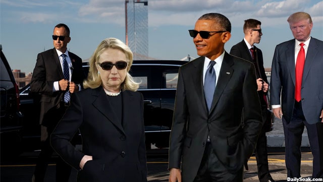 Donald Trump surrounded by Secret Service agents and Hillary Clinton and Barack Obama wearing black suits.