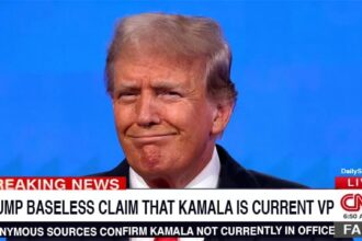 Parody CNN headline of Donald Trump talking about Kamala Harris.