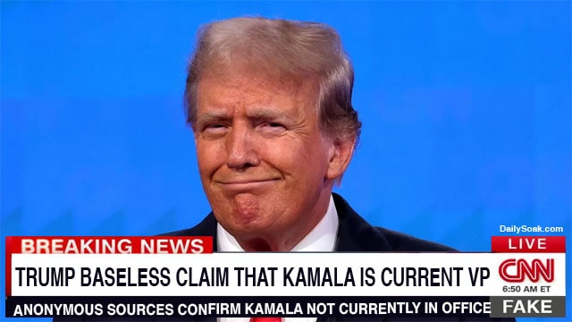 Parody CNN headline of Donald Trump talking about Kamala Harris.