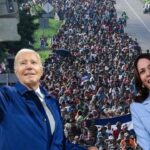 Democrats Joe Biden and Kamala Harris taking a selfie in front of illegal aliens.