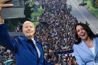 Democrats Joe Biden and Kamala Harris taking a selfie in front of illegal aliens.