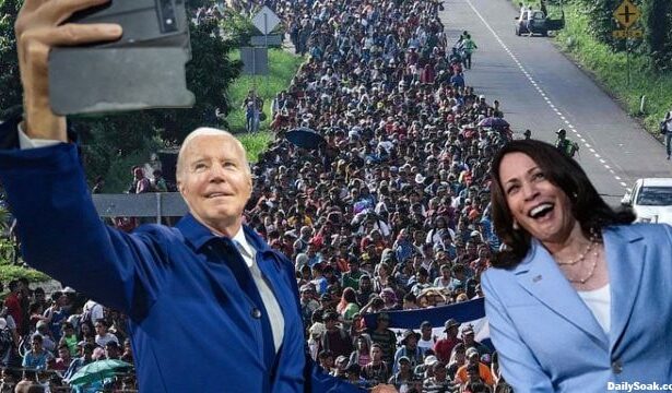 Democrats Joe Biden and Kamala Harris taking a selfie in front of illegal aliens.