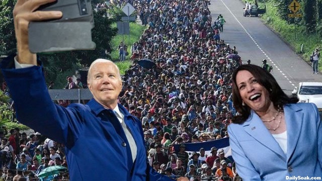 Democrats Joe Biden and Kamala Harris taking a selfie in front of illegal aliens.