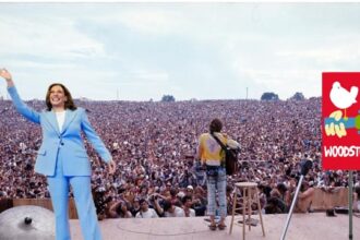 Kamala Harris in front of a large crowd of people at a rally posted on the Harris campaign account.