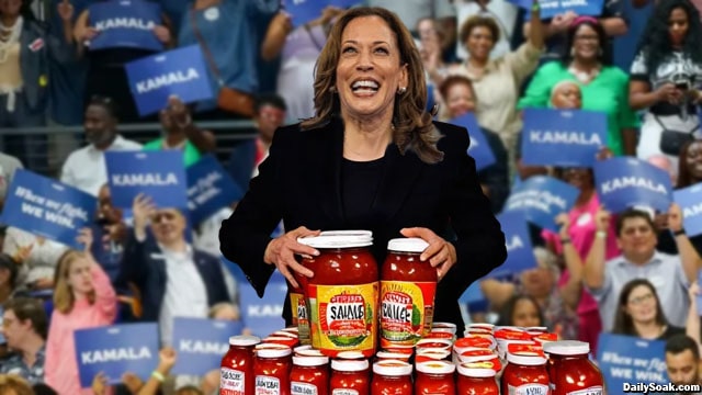 Kamala Harris at Atlanta rally with jars of hot sauce.