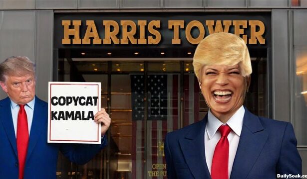 Kamala Harris wearing a Donald Trump suit and blonde wig.
