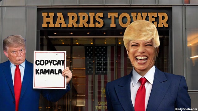 Kamala Harris wearing a Donald Trump suit and blonde wig.