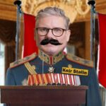 UK Prime Minister Keir Starmer wearing a Joseph Stalin uniform while speaking on protesters.