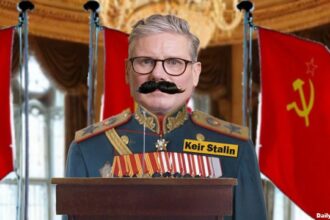 UK Prime Minister Keir Starmer wearing a Joseph Stalin uniform while speaking on protesters.